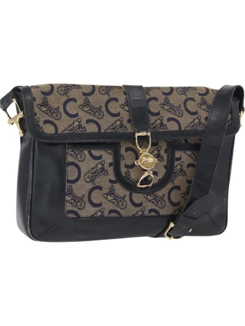 CELINE C Sulky Shoulder Bag Canvas Navy Gold